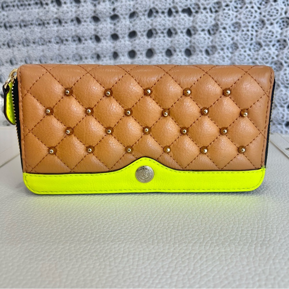 Like New Rebecca Minkoff Studded Leather Wallet Brown/Neon Yellow